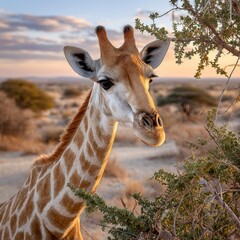 Close-up of a Giraffe in the African savannah during sunset, showing its long neck, distinctive patterned fur, gentle expression, and the landscape with bushes and trees in the background