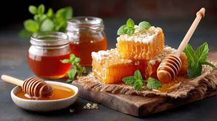 Fresh honeycomb pieces with golden honey jars and green mint leaves on rustic wooden surface, natural sweetener, healthy organic food, and dessert ingredients