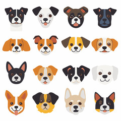A collection of illustrated dog faces, showcasing various breeds and expressions in a flat design style.
