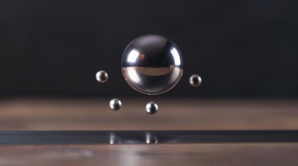 Strong rare-earth magnet levitating metallic spheres in midair, demonstrating magnetic force and physics concept, science experiment or educational demonstration.
