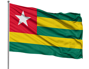 Obraz premium Waving Togolese Flag with Five-Pointed Star and Stripes, Side-Angled View, Isolated PNG.
