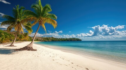Idyllic tropical beach with palm trees white sand turquoise water sunny sky and distant shoreline