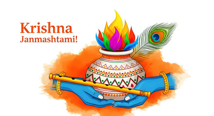 Krishna Janmashtami celebration with pot, flute and peacock feather held by blue hands in a festive illustration, a Hindu festival, India