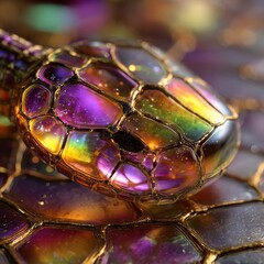 Close-up of iridescent soap bubbles with shimmering rainbow colors and golden accents, showcasing intricate patterns, reflections, and translucent textures in a macro photography style