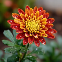 Close-up of a vibrant red and yellow chrysanthemum flower with dewdrops on petals, green leaves, natural background, detailed macro photography of blooming floral plant
