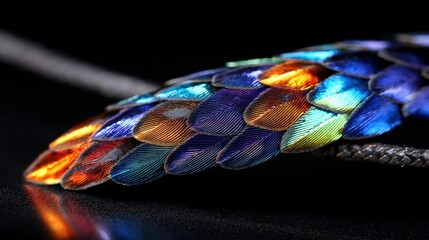 Close-up of iridescent peacock feather showcasing vibrant colors, fine details, intricate patterns, shimmering hues, and elegant natural beauty against a dark background