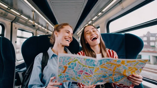 Carefree young female traveler consulting city map while riding train with her friend holidays