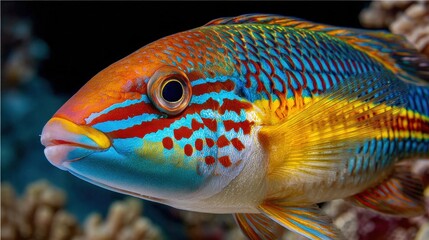 Close-up of a colorful coral reef fish with vibrant orange, blue, yellow, and red patterns swimming among coral and sea underwater environment