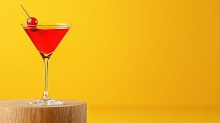 Red Cocktail with Cherry on Yellow Background