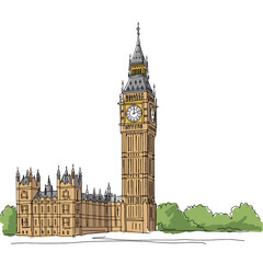 Obraz premium Illustration of Big Ben clock tower with surrounding greenery 