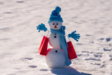 Snowman in a snowy field. Funny snowman with a carrot nose and scarf and winter hat. Snowman...