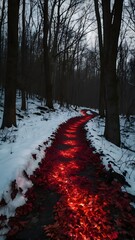 Red Glowing Leaves on Dark Forest Path in Winter. Generated with AI