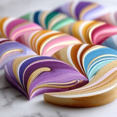 Colorful Assorted Marbled Soap Bars with Swirling Patterns in Bright Rainbow Colors and Gold Accents on White Marble Surface Displaying Luxury and Creativity