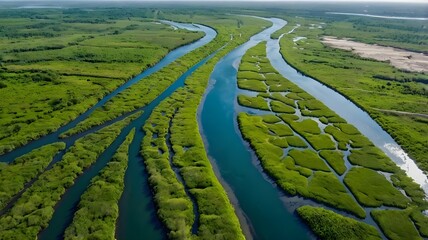 Aerial View of a River Delta with Winding Channels and Lush Green Vegetation. Generated with AI