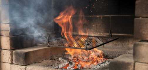 Fiery grill with smoke and sparks fire embers