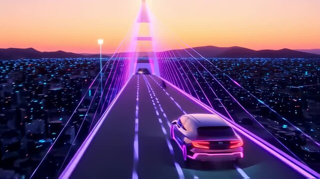 Futuristic electric car driving on a neon bridge with city skyline background at dusk