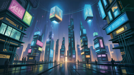 Fototapeta premium Futuristic city glowing neon skyscrapers skyline signs