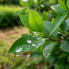 Close-up of vibrant green leaves with water droplets on a sunny day, showcasing fresh foliage and natural beauty, perfect for nature, gardening, or environmental themes