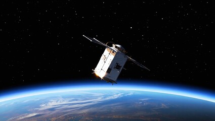 Satellite orbiting earth with stars in the background