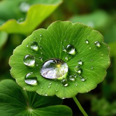 Close-up of a vibrant green leaf with water droplets, natural outdoor setting, detailed texture, macro shot highlighting freshness and dew on foliage