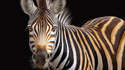 Close-up of a zebra with detailed black and white striped coat and expressive eyes against a dark background
