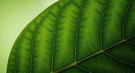 Close-up Macro Shot of Vibrant Green Leaf Veins; Nature Texture; Lush, Serene Botanical Detail.