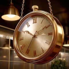 Elegant gold pocket watch with Roman numerals hanging on a chain in a luxurious interior setting with warm lighting and blurred background