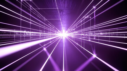 Fototapeta premium Purple Background with White Lines, Simple Shapes & Neon Light Beams, Minimal Line Art 