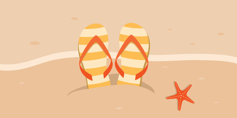 Striped Flip flops in the sand. Summer vector illustration for banner, card, invitation, sales.