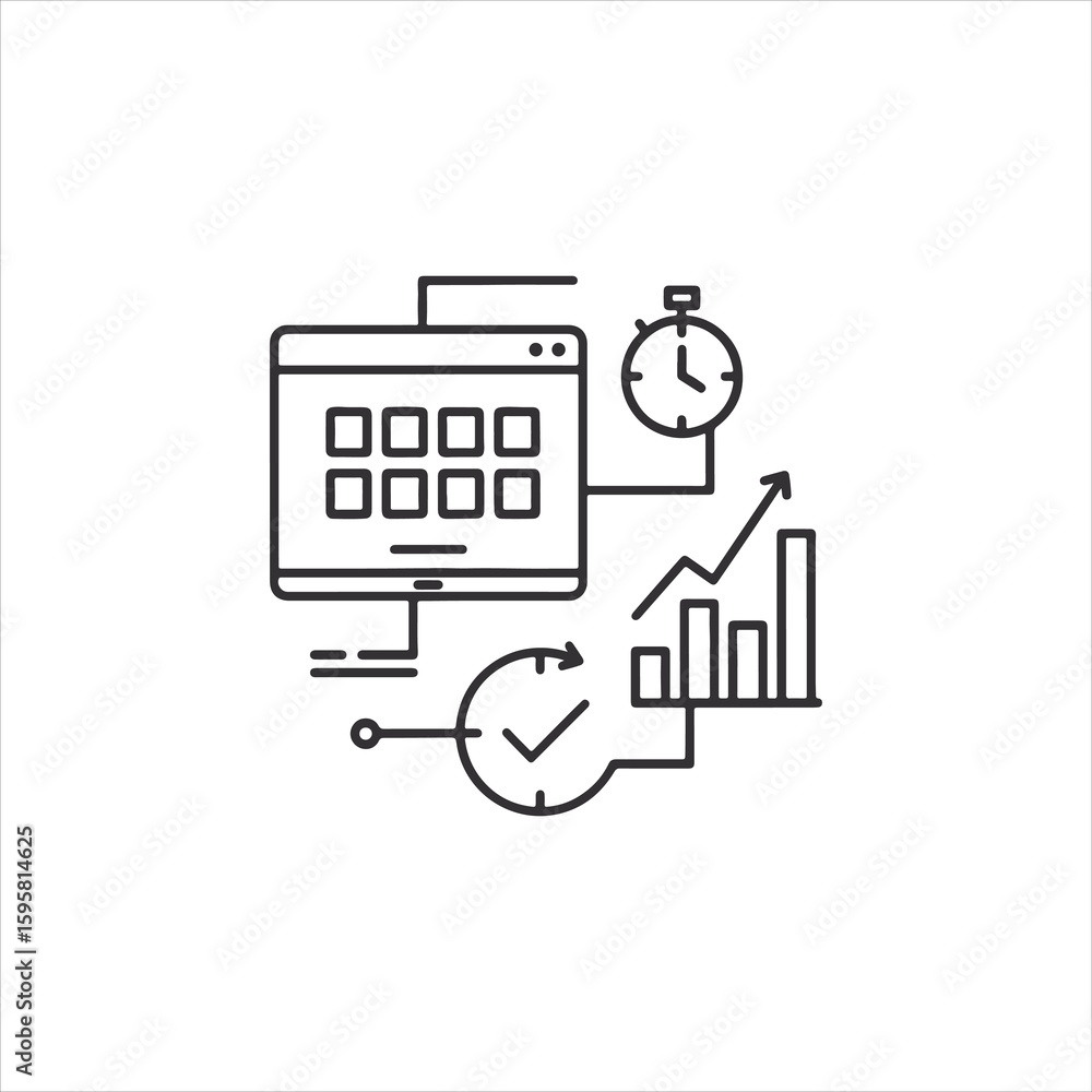 Poster vector art of computer analytics with charts, graphs, and performance indicators