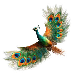 Obraz premium Vibrant peacock in flight, colorful plumage