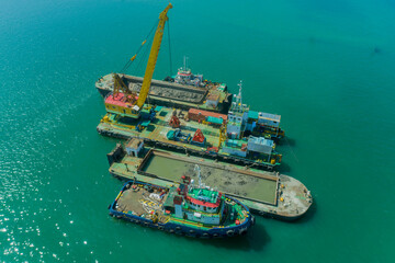Aerial View of Tugboats and Barges in Offshore Dredging Operation