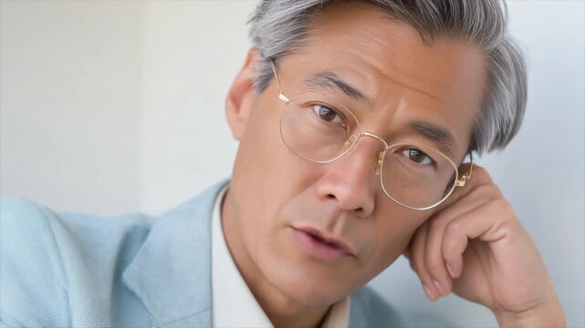 Asian man in his fifties, wearing glasses and a light blue blazer with gray hair