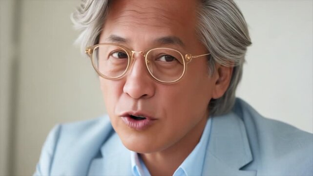 Asian man in his fifties, wearing glasses and a light blue blazer with gray hair
