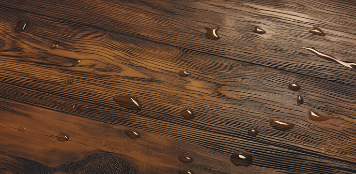 T&aacute;bua laminada de carvalho natural com gotas de &aacute;gua revestidas com composi&ccedil;&atilde;o oleof&oacute;bica em close-up. Fundo de composto de madeira protetora.