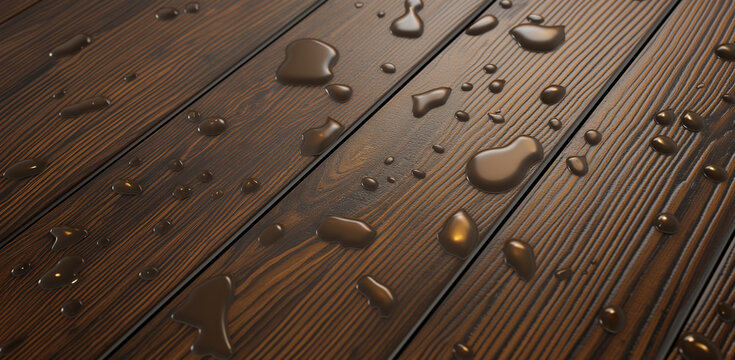 T&aacute;bua laminada de carvalho natural com gotas de &aacute;gua revestidas com composi&ccedil;&atilde;o oleof&oacute;bica em close-up. Fundo de composto de madeira protetora.