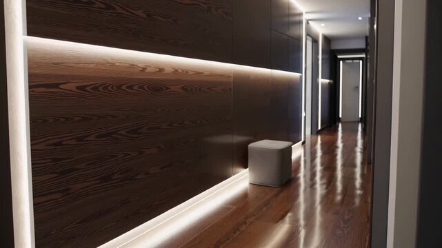 Elegant modern hallway with wooden walls, built-in lights, and a clean, minimalist aesthetic. A cube-shaped stool sits in the space and light reflects off the wooden floors