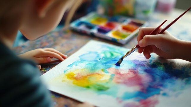 A child painting with watercolors on white paper using a paintbrush and a colorful palette nearby