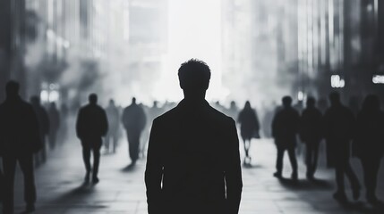 Colorful silhouette pf person standing in monochrome crowd of different people,surreal unique and different concept,loneliness in society,shadow,freedom,Love,be yourself,Stand out from the crowd.