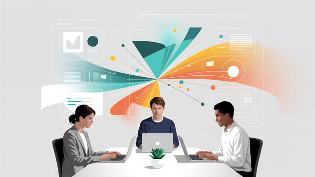 Diverse team analyzing colorful data visualization people collaboration