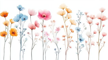 Beautiful seamless floral water color pattern Set, watercolor wild flowers, leaves and grass,Collection botanic garden elements, isolated illustration in rustic or vintage style,copy space.