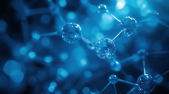 Abstract blue-toned background with digital molecular structures and soft lighting on blurred background