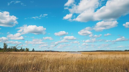 Obraz premium Open landscape featuring dry reeds swaying gently, with a distant forest stretching across the horizon under a clear blue sky. This natural scene captures the tranquility of rural outdoors