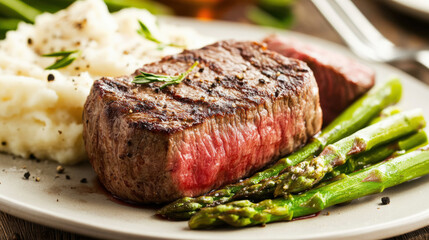 Perfectly cooked filet mignon steak, tender and juicy, plated with asparagus and garlic mashed potatoes, high-resolution fine dining photography —ar 16:9 