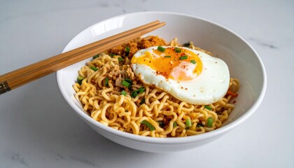 Delicious instant noodle with a fried egg, topped with scallions and seasoning