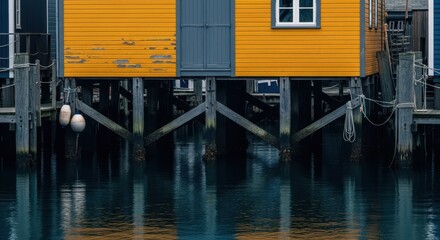 A yellow wooden fishing cabin on stilts reflected in the calm water of a harbor.