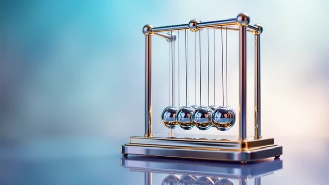 An old-fashioned pendulum with four colored balls suspended, demonstrating kinetic energy and motion principles