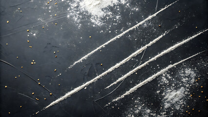 Abstract pattern of white powder lines on a dark textured surface with scattered particles