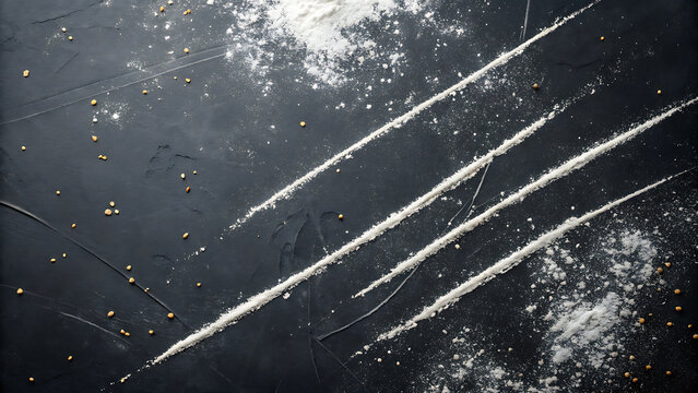 Abstract pattern of white powder lines on a dark textured surface with scattered particles