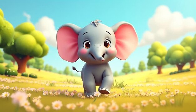 An adorable animated baby elephant takes a cheerful walk in a vibrant outdoor field with blooming yellow flowers and green trees. - Powered by Adobe